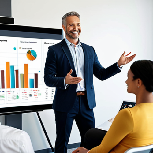 Home 14 **Image Prompt:** A confident financial advisor giving a presentation in a modern office. The advisor is smiling, maintaining eye contact, and gesturing towards a screen displaying growth charts. The background should feature a diverse group of people engaged in a discussion. The overall tone is professional and approachable, emphasizing trust and expertise.