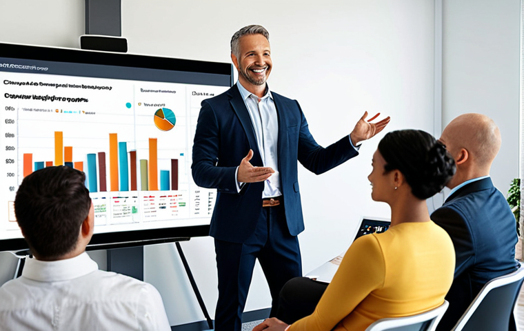**Image Prompt:** A confident financial advisor giving a presentation in a modern office. The advisor is smiling, maintaining eye contact, and gesturing towards a screen displaying growth charts. The background should feature a diverse group of people engaged in a discussion. The overall tone is professional and approachable, emphasizing trust and expertise.