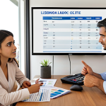 **

Prompt: Financial advisor in a modern Lisbon office, advising a young Portuguese couple on buying their first home. Focus on the advisor pointing at a financial plan with graphs and charts showing mortgage options and budget analysis. Incorporate Portuguese currency and landmarks in the background subtly.

**