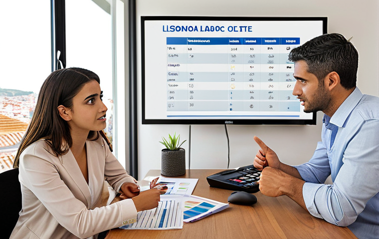 **
Prompt: Financial advisor in a modern Lisbon office, advising a young Portuguese couple on buying their first home. Focus on the advisor pointing at a financial plan with graphs and charts showing mortgage options and budget analysis. Incorporate Portuguese currency and landmarks in the background subtly.
**
