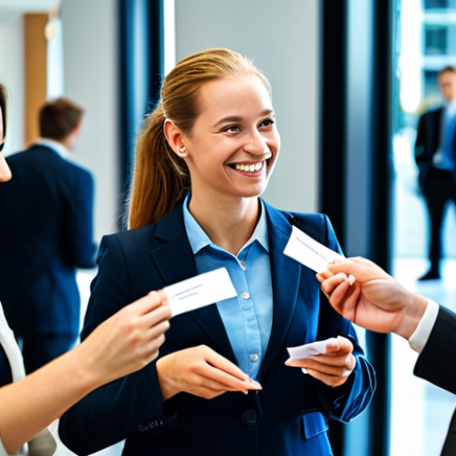 Home 11 A determined individual, fully clothed in professional attire, networking at a financial conference, surrounded by colleagues, exchanging business cards, smiling, well-lit, modern setting, "safe for work", "appropriate content", "professional", perfect anatomy, natural pose, well-formed hands, proper finger count, natural body proportions.