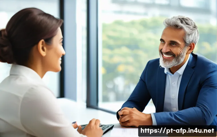 자산관리사의 고객 상담 팁 - A professional financial consultant warmly engaging in a detailed conversation with a middle-aged Br...