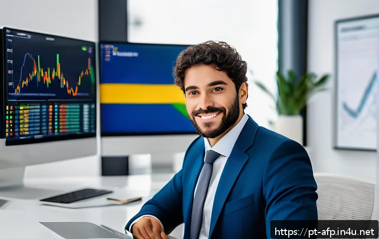 자산관리사 직업의 장단점 - A modern Brazilian financial consultant in a sleek, professional office setting, wearing business at...