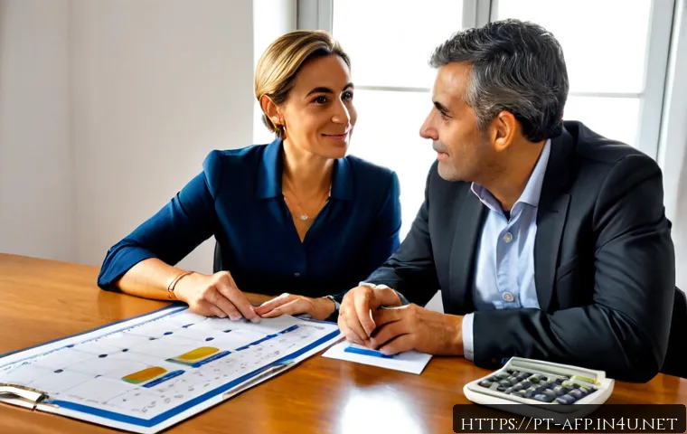 Home 17 자산관리사와 고객 신뢰 구축하기 - Photorealistic financial advisor and middle-aged Portuguese-speaking couple seated across a clean wo...